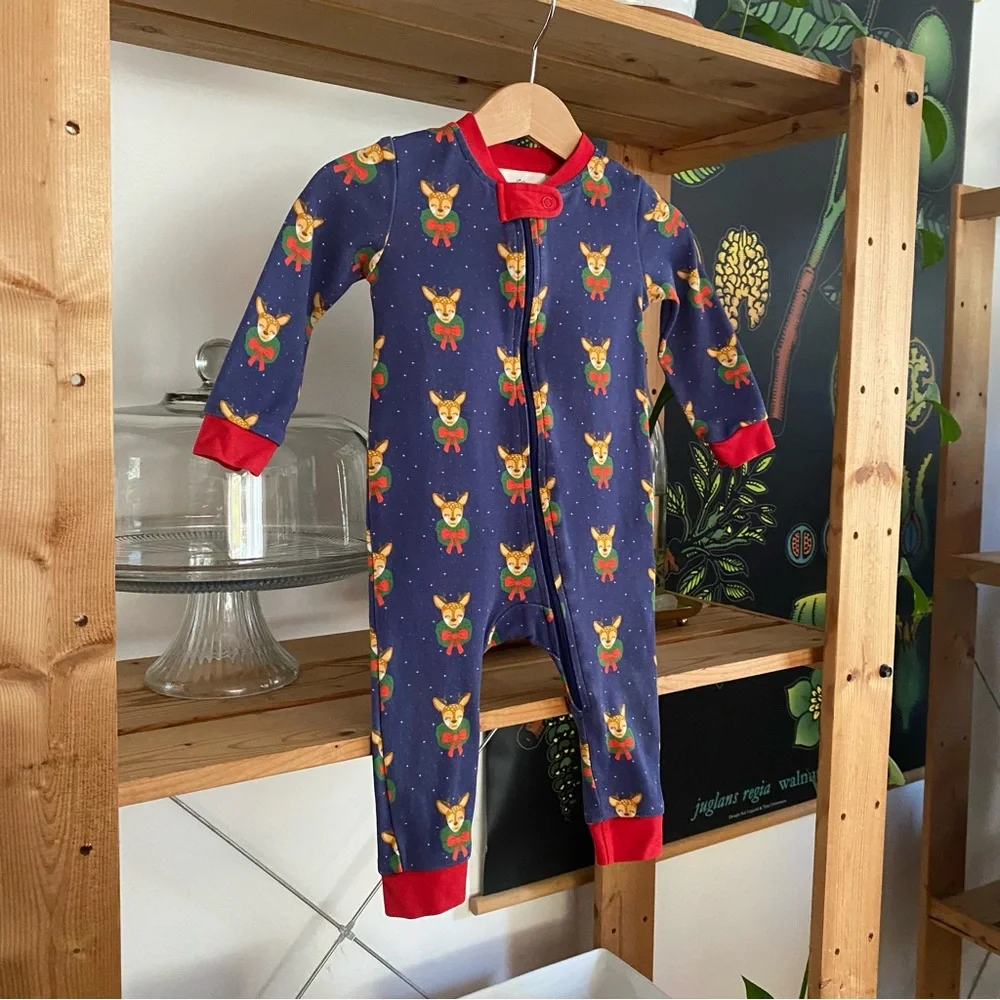 Smockingbird Blue Dasher The Reindeer Monogramed Christmas Zip Up Pajamas 6-9 m
